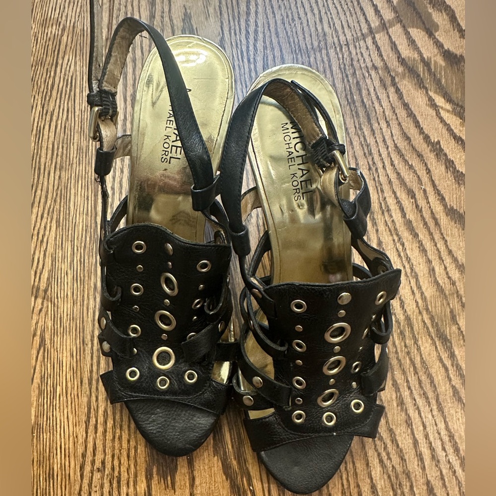 Studded black and gold platform cork heel Michael Kors sandals 8.5